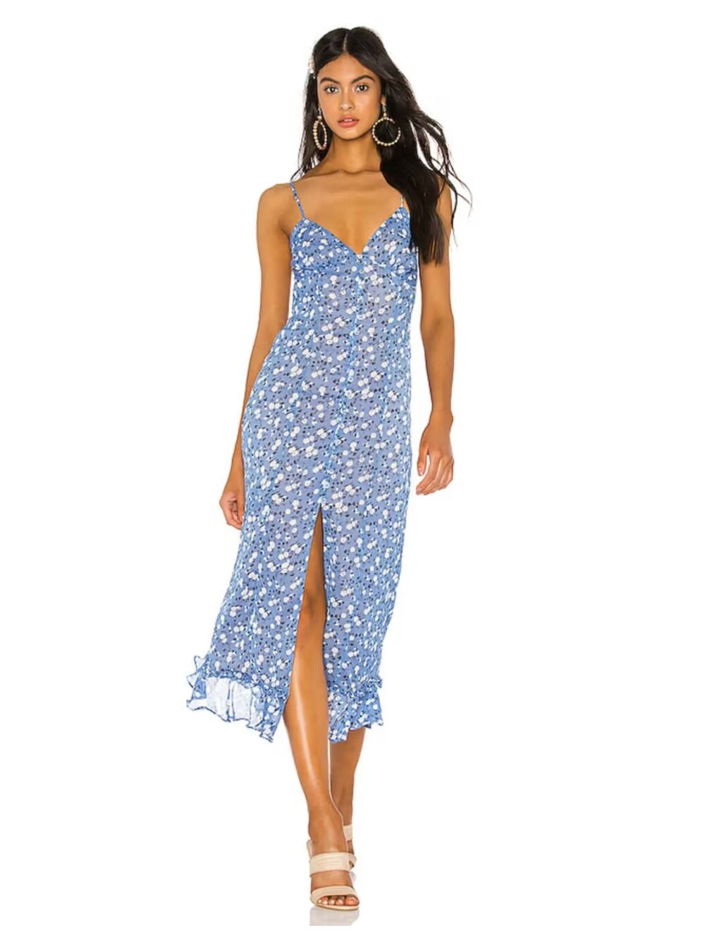 Majorelle Quincy Midi Dress Womens L Blue Floral Slit Romantic Wedding Guest